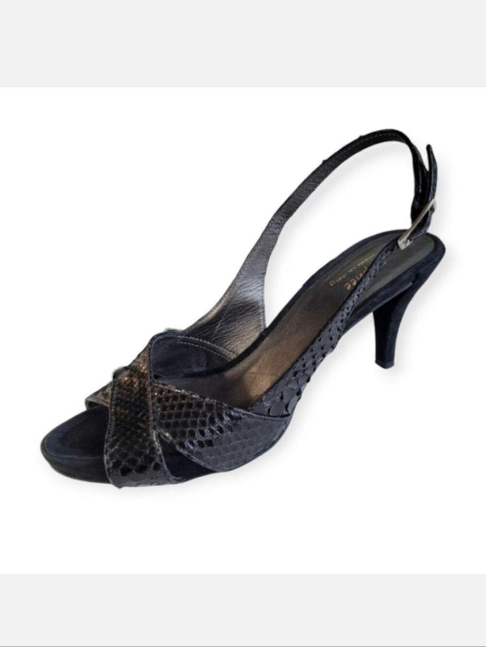 Vintage Snakeskin Slingback Peep Toe Heels 90s Y2K Glam Evening Black size 10